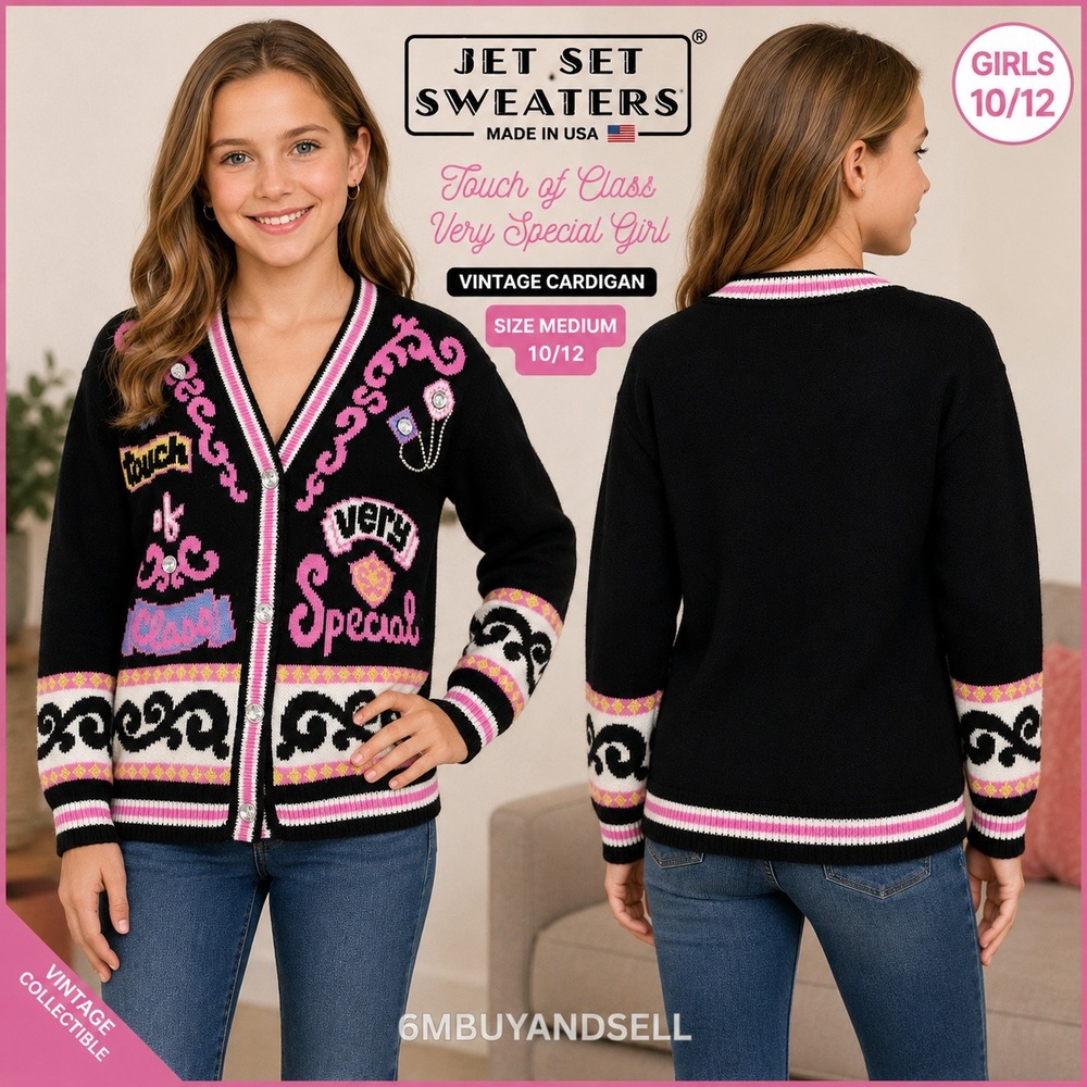 Vintage Jet Set Sweaters Girls Black Cardigan Very Special Girl USA Medium 10/12